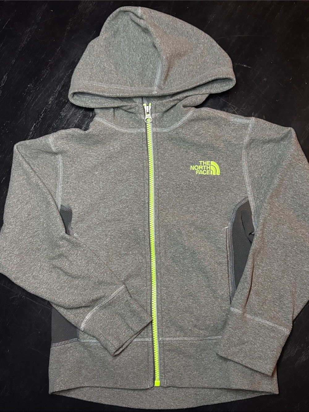 The North Face Kids Gray Hooded Zip Jacket with Neon Yellow Zipper